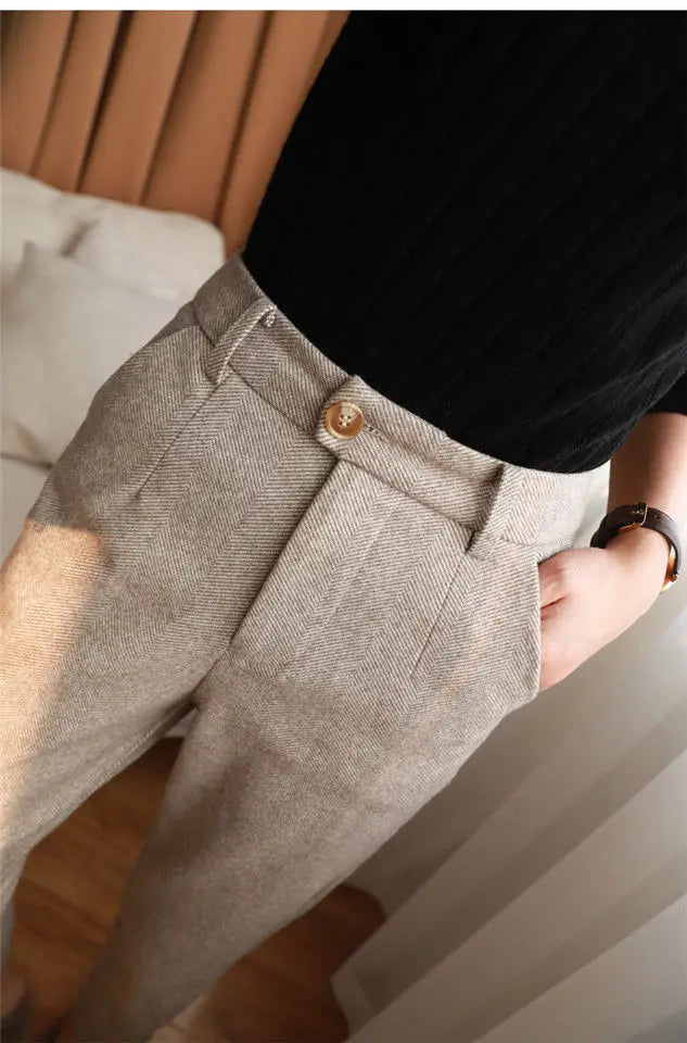 Woolen Pants Women's Harem Pencil Pants 2024 Autumn Winter High Waisted Casual Suit Pants Office Lady Women Trousers