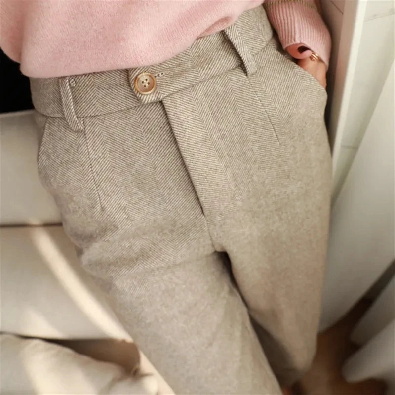 Woolen Pants Women's Harem Pencil Pants 2024 Autumn Winter High Waisted Casual Suit Pants Office Lady Women Trousers