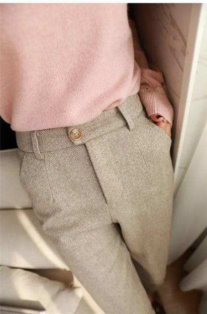 Woolen Pants Women's Harem Pencil Pants 2024 Autumn Winter High Waisted Casual Suit Pants Office Lady Women Trousers