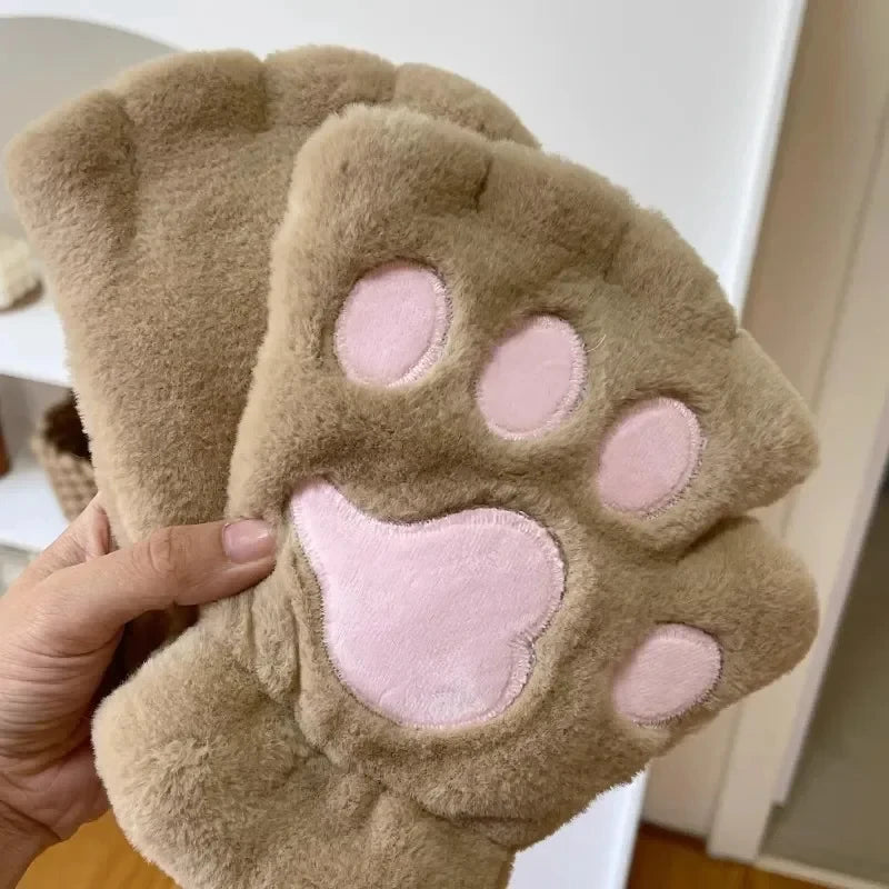 Gants en Peluche à Griffes de Chat – Mitaines Sans Doigts Douces et Chaudes, Gants de Costume Ours Fluffy