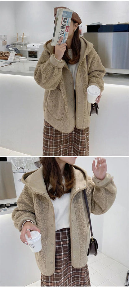 Women Lamb Wool Thick Hooded Coat Korean Loose Warm Plush Jacket Autumn Winter Casual Fashion Streetwear Ladies Sweet Outerwear