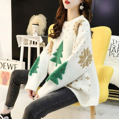 Red Christmas Sweater Women Korean Chic Loose Patchwork Print Knitted Pullover Lady Fall Winter Thick Warm Snowflake Jumpers