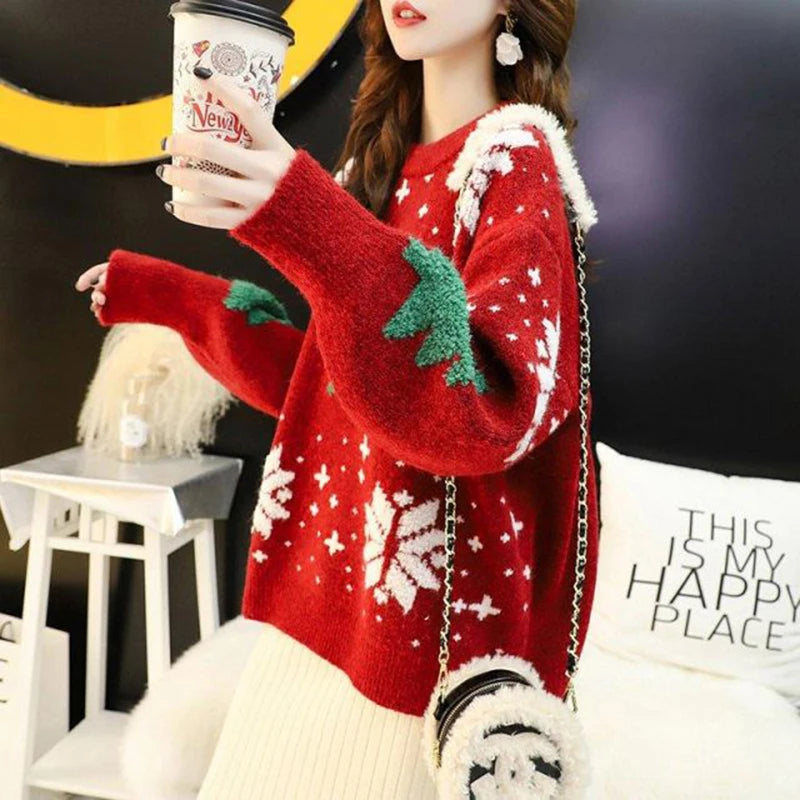 Red Christmas Sweater Women Korean Chic Loose Patchwork Print Knitted Pullover Lady Fall Winter Thick Warm Snowflake Jumpers