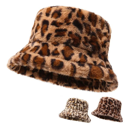 Chapeau hiver femme, imprimé léopard, chaud et polyvalent, style seau en peluche.