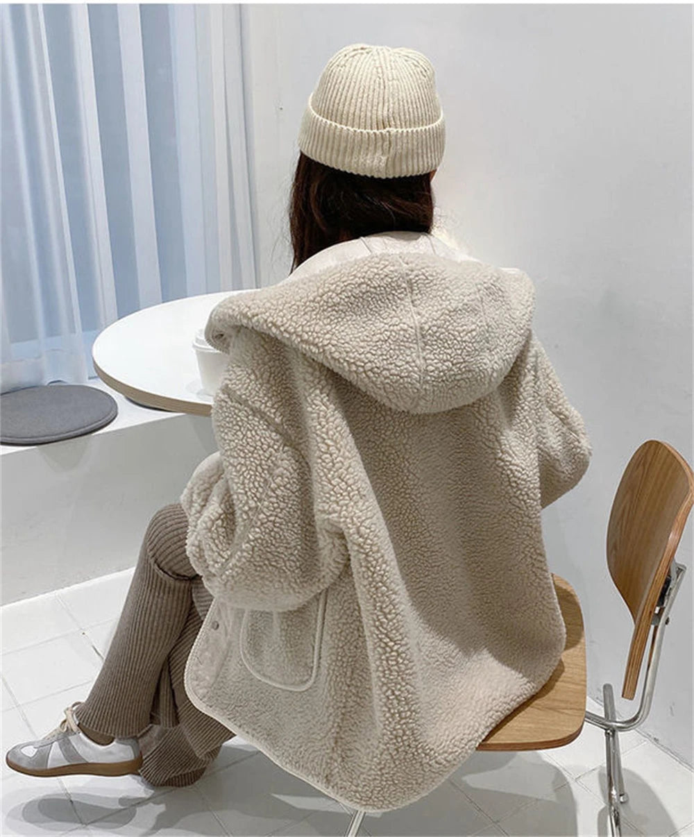 Women Lamb Wool Thick Hooded Coat Korean Loose Warm Plush Jacket Autumn Winter Casual Fashion Streetwear Ladies Sweet Outerwear