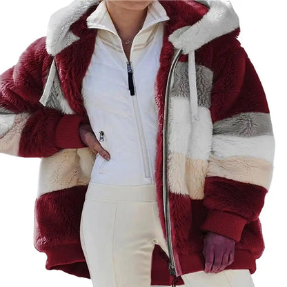 Trendy Lady Autumn Jacket Fluffy Winter Coat Loose Plush Plus Size Lady Jacket  Hooded