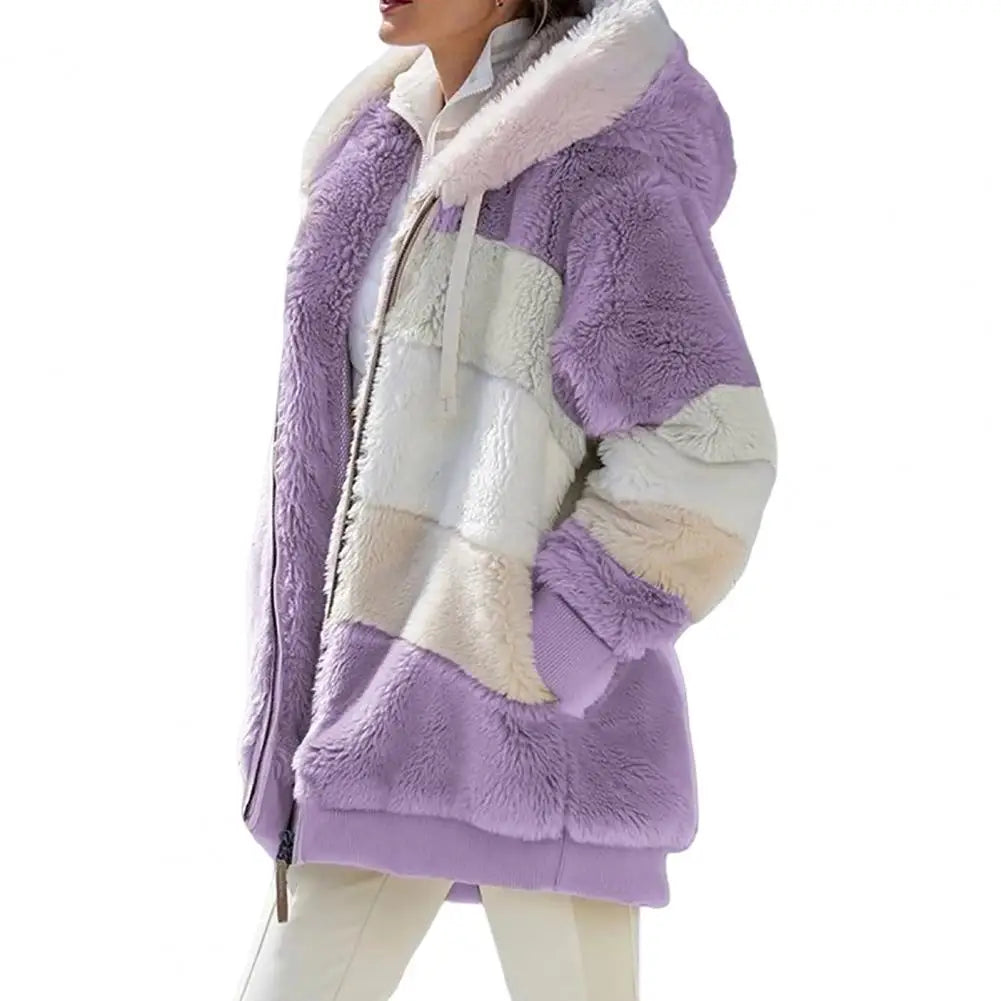 Trendy Lady Autumn Jacket Fluffy Winter Coat Loose Plush Plus Size Lady Jacket  Hooded