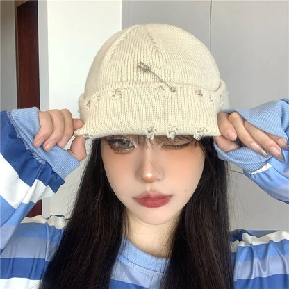 Winter Harajuku Y2K Knitted Hat Women Fashion Warm Thick Men Hip Hop Pin Hole Skullcap Short Hat Unisex Basic Cap