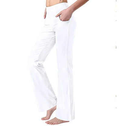 Straight Flare Pants Elastic High Waist Yoga Pockets Casual Holiday Women Clothing Solid Basic Trouser Slim Long Pants Sport