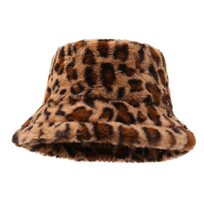 Chapeau hiver femme, imprimé léopard, chaud et polyvalent, style seau en peluche.