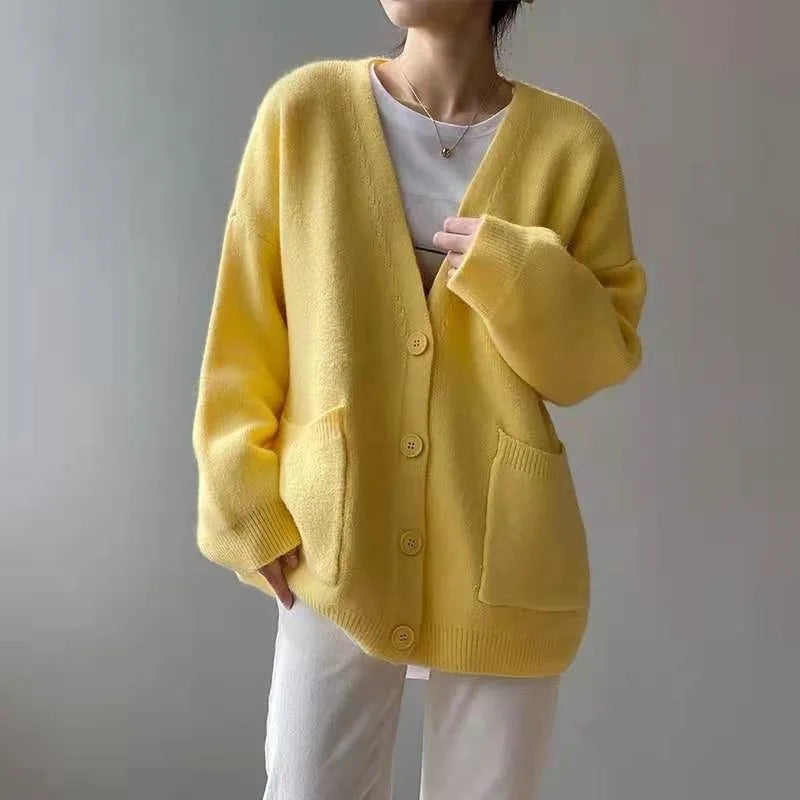 Rimcoy 2024 Chic Yellow Sweater Cardigan Women Lazy Wind Single-Breasted Knitted Cardigan Women Solid V Neck Cardigans Female