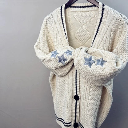 Women Winter Loose Knitted Cardigans Coat Star Embroidery Y2K Sweaters Streetwear Vintage Casual Single Breasted Long Sleeve Top