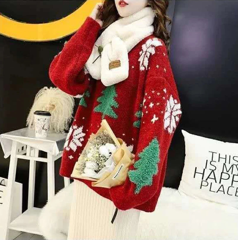 Red Christmas Sweater Women Korean Chic Loose Patchwork Print Knitted Pullover Lady Fall Winter Thick Warm Snowflake Jumpers