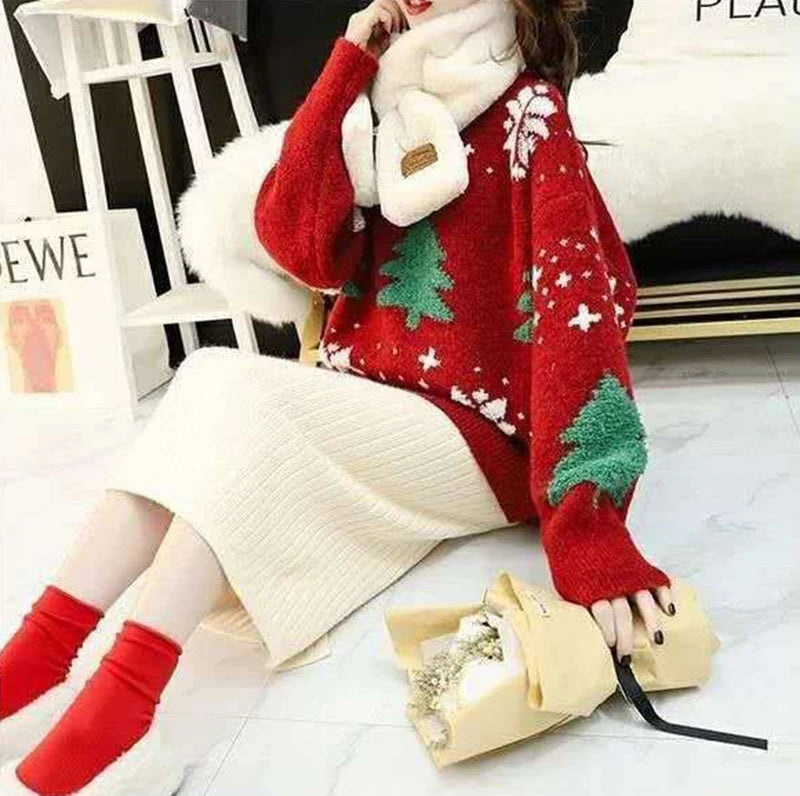 Red Christmas Sweater Women Korean Chic Loose Patchwork Print Knitted Pullover Lady Fall Winter Thick Warm Snowflake Jumpers