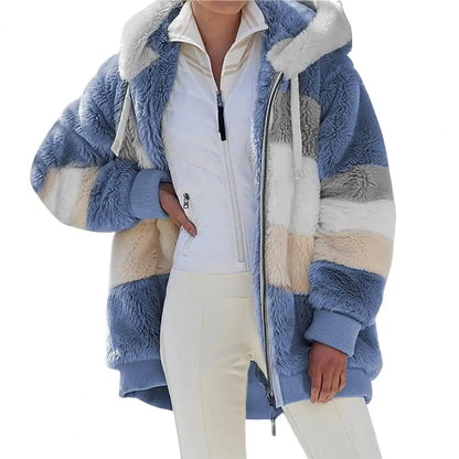 Trendy Lady Autumn Jacket Fluffy Winter Coat Loose Plush Plus Size Lady Jacket  Hooded