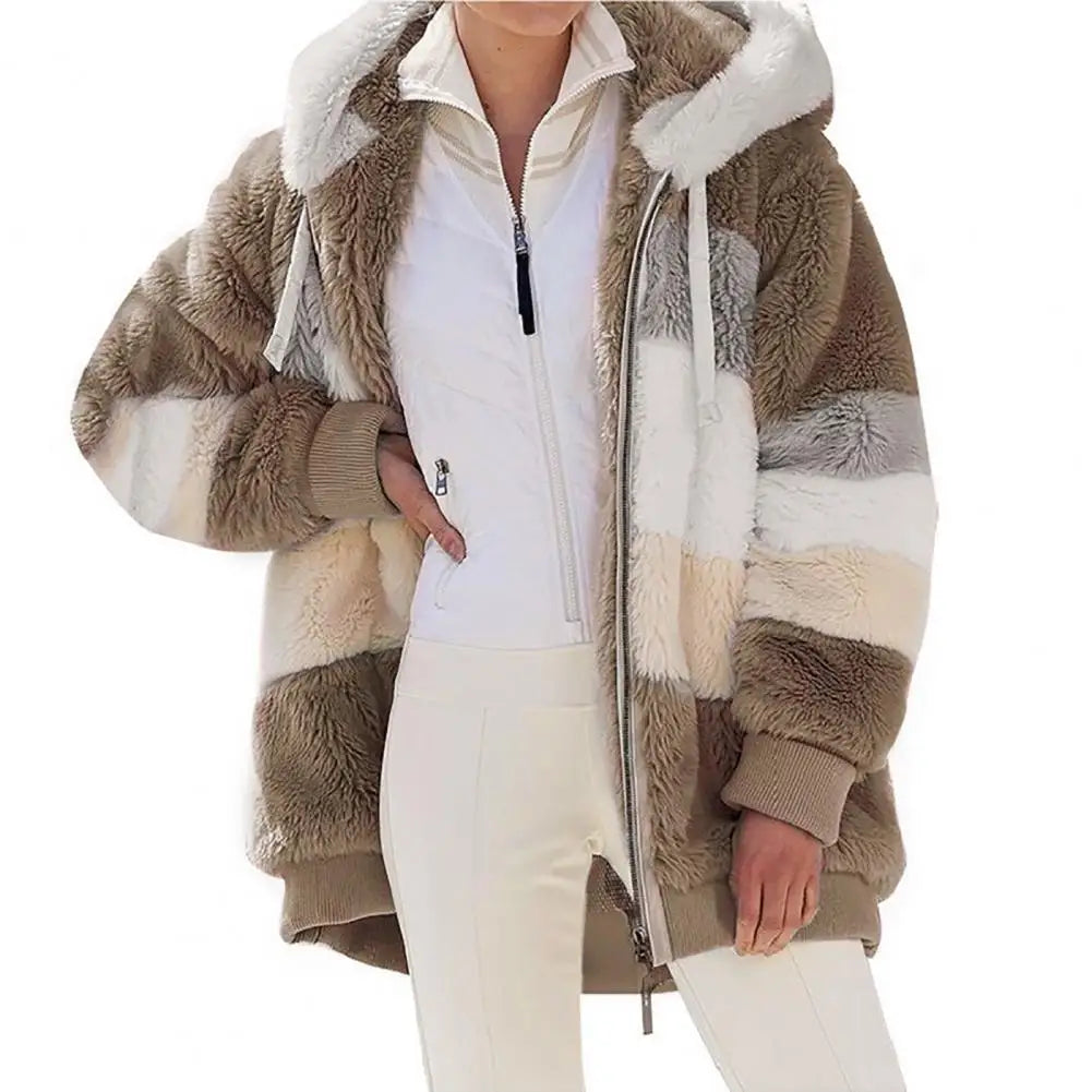 Trendy Lady Autumn Jacket Fluffy Winter Coat Loose Plush Plus Size Lady Jacket  Hooded