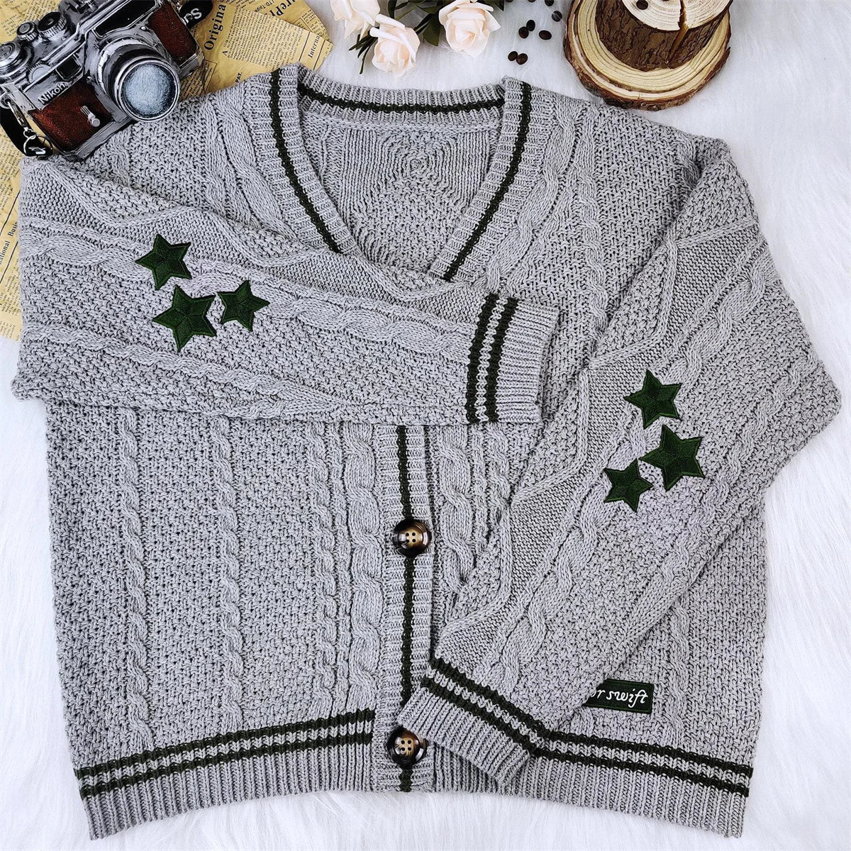 Women Winter Loose Knitted Cardigans Coat Star Embroidery Y2K Sweaters Streetwear Vintage Casual Single Breasted Long Sleeve Top