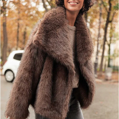 Retro Collar Long Sleeved Buttons Women's Faux Fur Coats Winter Thick Warm Solid Color Fury Jacket Female High Street Outerwear