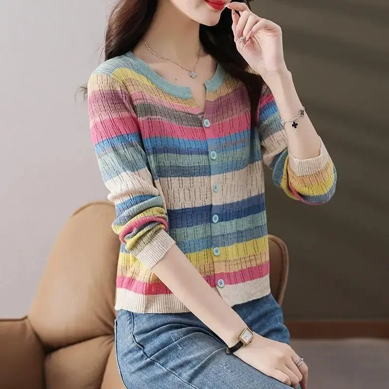 Slimming Knit Striped Mint Wave V-Neck Top Jacket Inner Simple Commuting Design Sensibility Age-Reducing Sweater