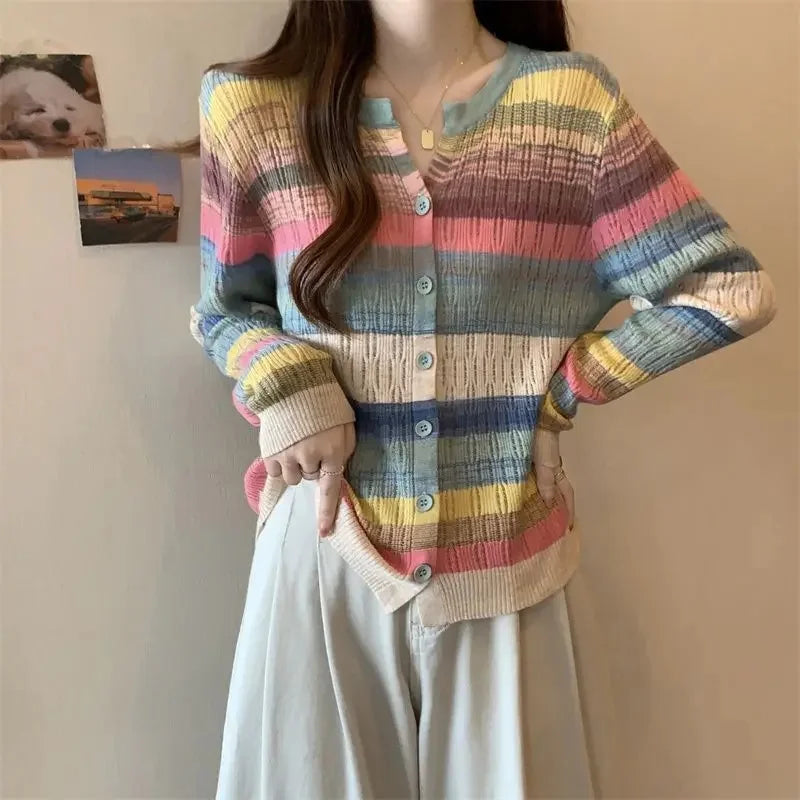 Slimming Knit Striped Mint Wave V-Neck Top Jacket Inner Simple Commuting Design Sensibility Age-Reducing Sweater