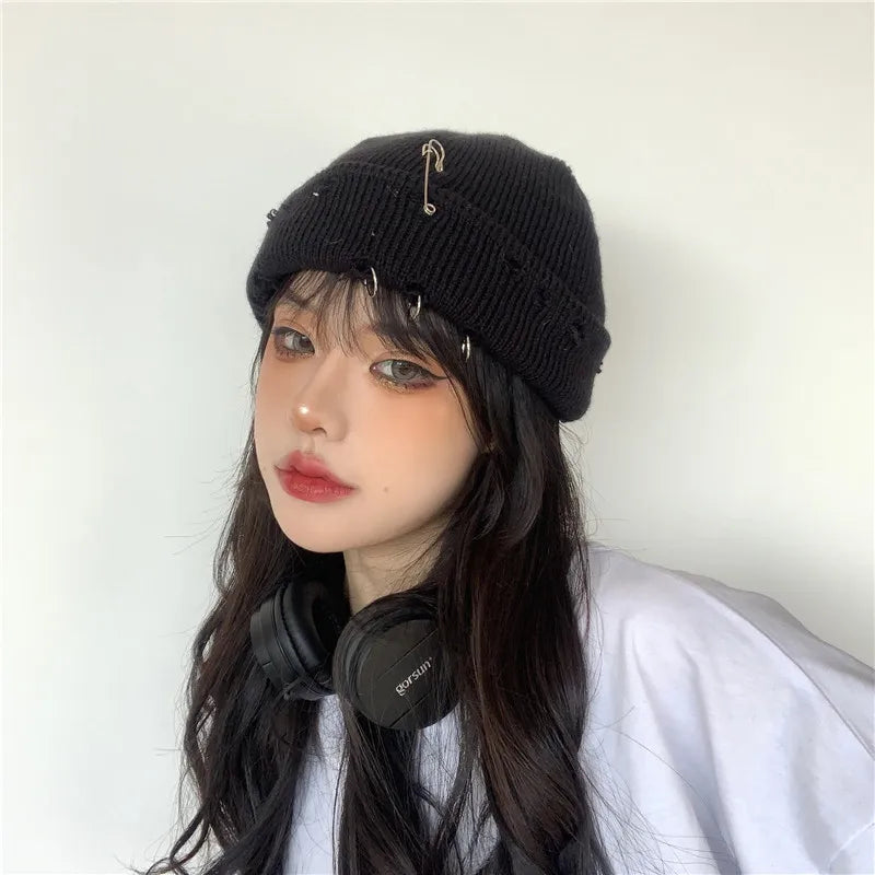 Winter Harajuku Y2K Knitted Hat Women Fashion Warm Thick Men Hip Hop Pin Hole Skullcap Short Hat Unisex Basic Cap