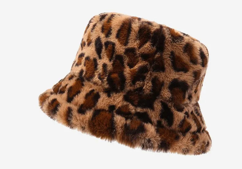 Chapeau hiver femme, imprimé léopard, chaud et polyvalent, style seau en peluche.