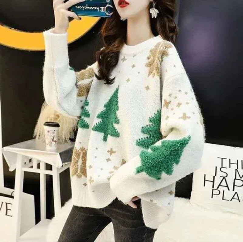 Red Christmas Sweater Women Korean Chic Loose Patchwork Print Knitted Pullover Lady Fall Winter Thick Warm Snowflake Jumpers