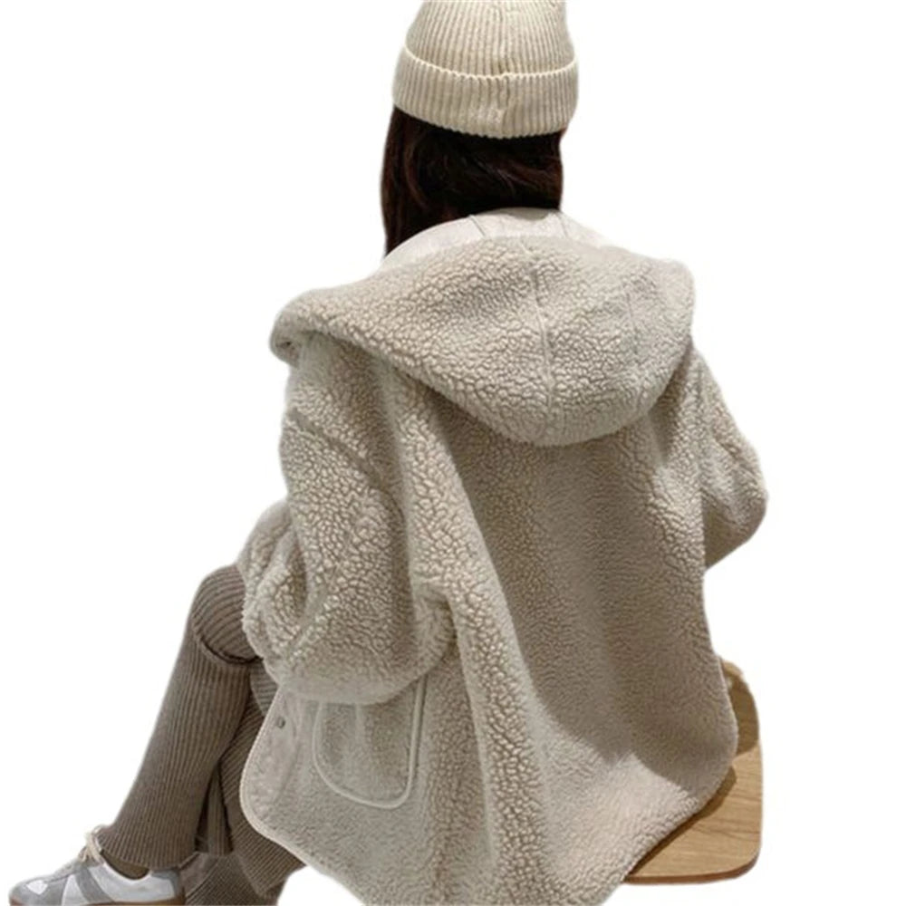 Women Lamb Wool Thick Hooded Coat Korean Loose Warm Plush Jacket Autumn Winter Casual Fashion Streetwear Ladies Sweet Outerwear