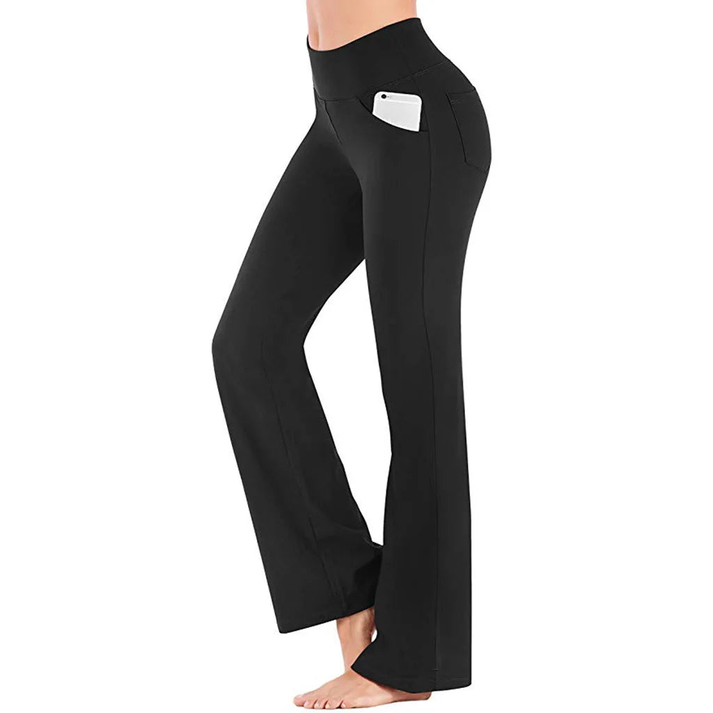 Straight Flare Pants Elastic High Waist Yoga Pockets Casual Holiday Women Clothing Solid Basic Trouser Slim Long Pants Sport