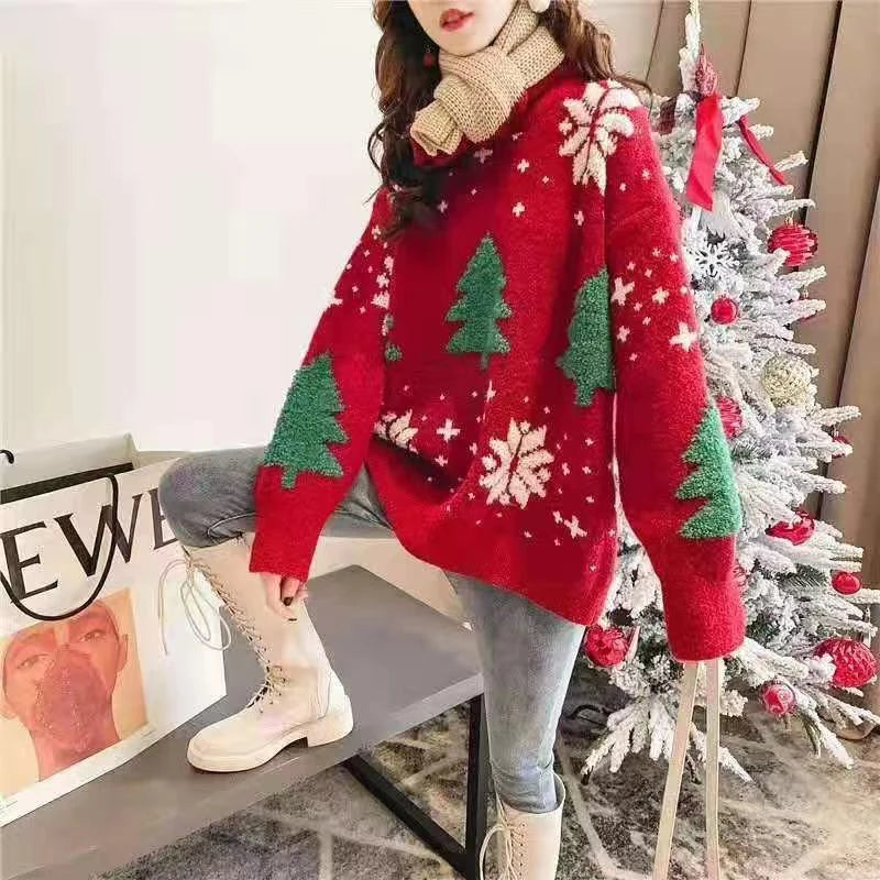 Red Christmas Sweater Women Korean Chic Loose Patchwork Print Knitted Pullover Lady Fall Winter Thick Warm Snowflake Jumpers