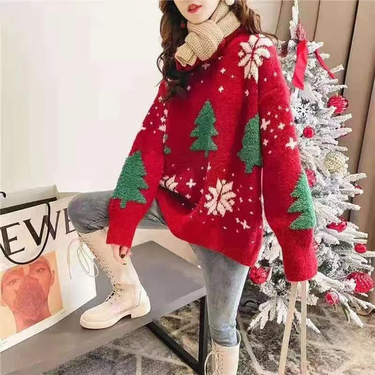 Red Christmas Sweater Women Korean Chic Loose Patchwork Print Knitted Pullover Lady Fall Winter Thick Warm Snowflake Jumpers