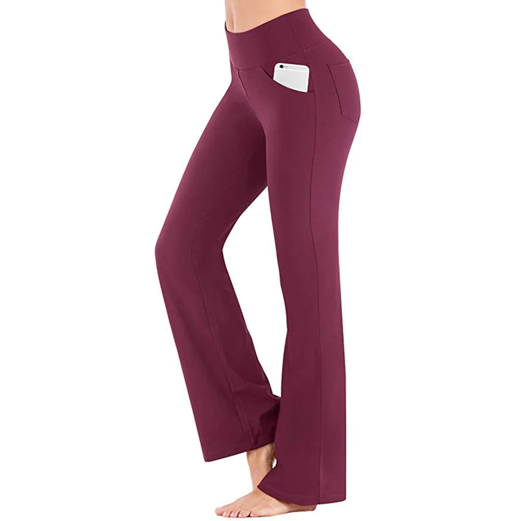 Straight Flare Pants Elastic High Waist Yoga Pockets Casual Holiday Women Clothing Solid Basic Trouser Slim Long Pants Sport