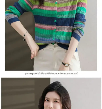 Slimming Knit Striped Mint Wave V-Neck Top Jacket Inner Simple Commuting Design Sensibility Age-Reducing Sweater