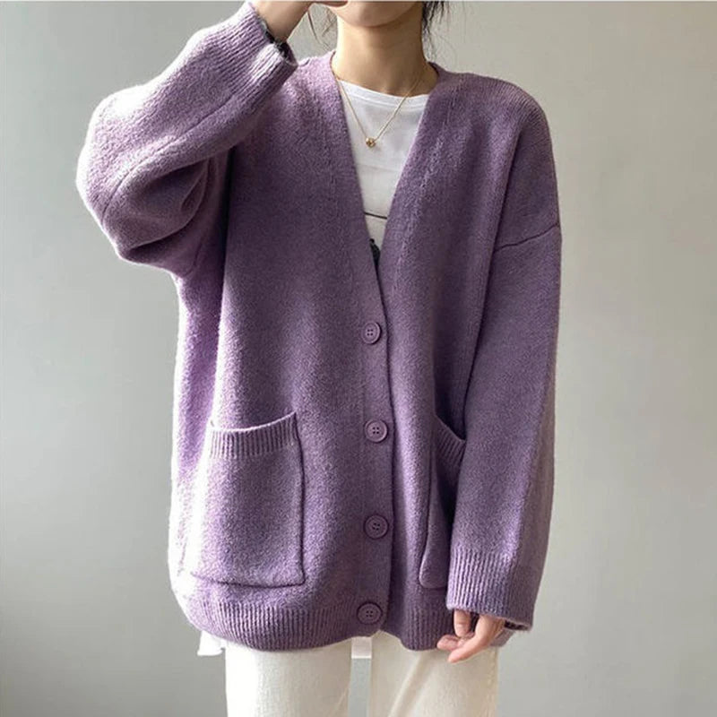 Rimcoy 2024 Chic Yellow Sweater Cardigan Women Lazy Wind Single-Breasted Knitted Cardigan Women Solid V Neck Cardigans Female