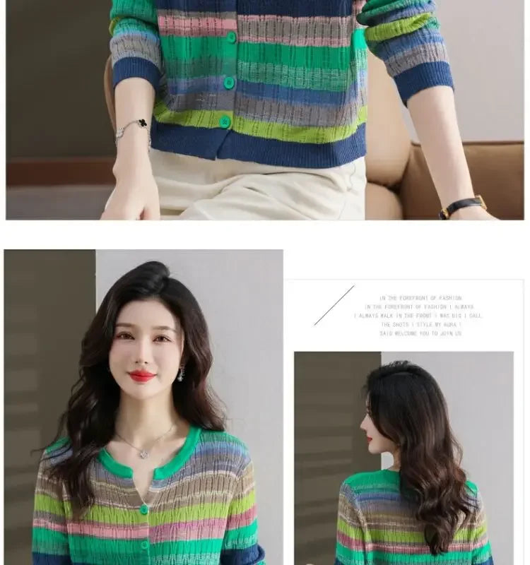 Slimming Knit Striped Mint Wave V-Neck Top Jacket Inner Simple Commuting Design Sensibility Age-Reducing Sweater