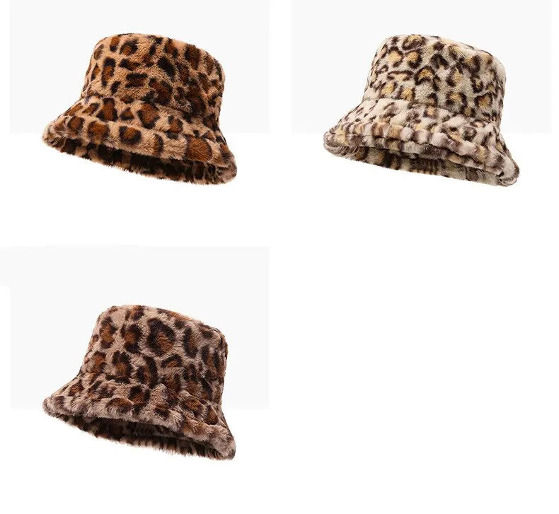 Chapeau hiver femme, imprimé léopard, chaud et polyvalent, style seau en peluche.