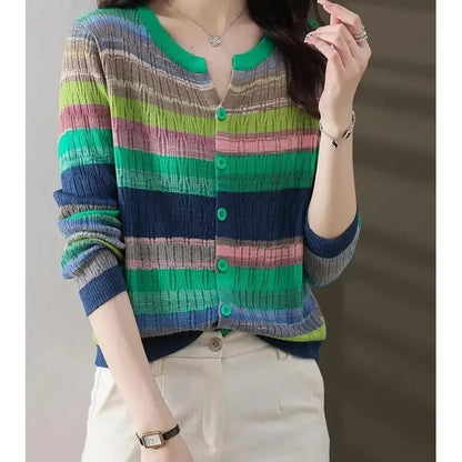 Slimming Knit Striped Mint Wave V-Neck Top Jacket Inner Simple Commuting Design Sensibility Age-Reducing Sweater