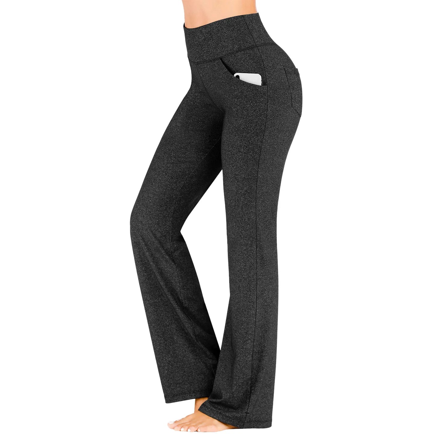 Straight Flare Pants Elastic High Waist Yoga Pockets Casual Holiday Women Clothing Solid Basic Trouser Slim Long Pants Sport