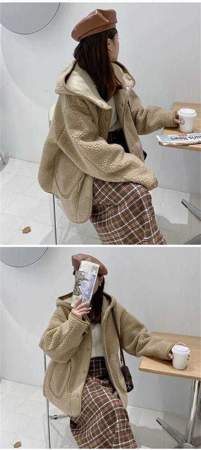 Women Lamb Wool Thick Hooded Coat Korean Loose Warm Plush Jacket Autumn Winter Casual Fashion Streetwear Ladies Sweet Outerwear