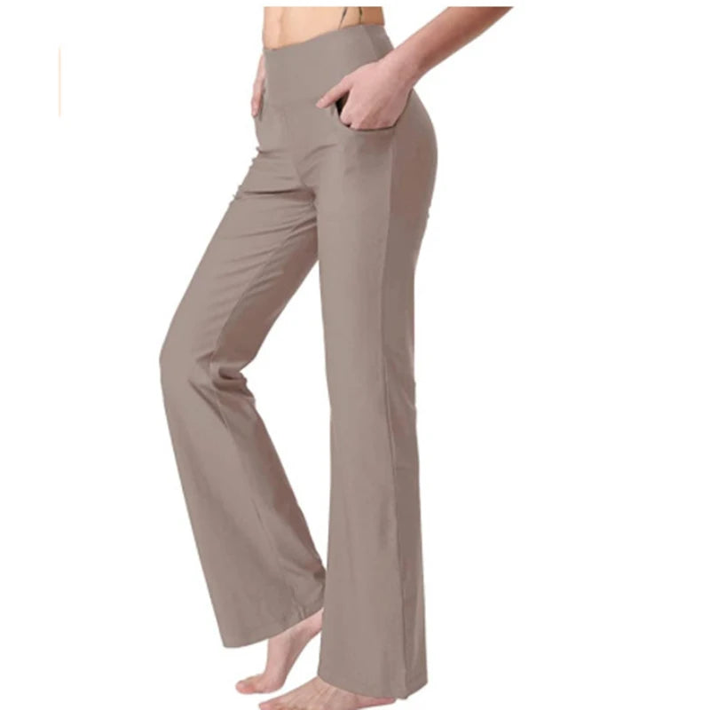 Straight Flare Pants Elastic High Waist Yoga Pockets Casual Holiday Women Clothing Solid Basic Trouser Slim Long Pants Sport