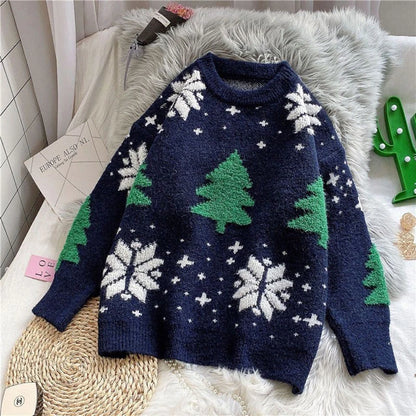 Red Christmas Sweater Women Korean Chic Loose Patchwork Print Knitted Pullover Lady Fall Winter Thick Warm Snowflake Jumpers