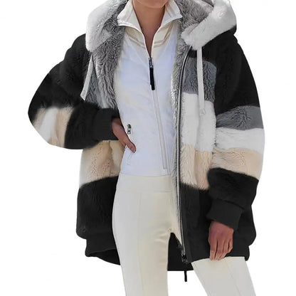 Trendy Lady Autumn Jacket Fluffy Winter Coat Loose Plush Plus Size Lady Jacket  Hooded