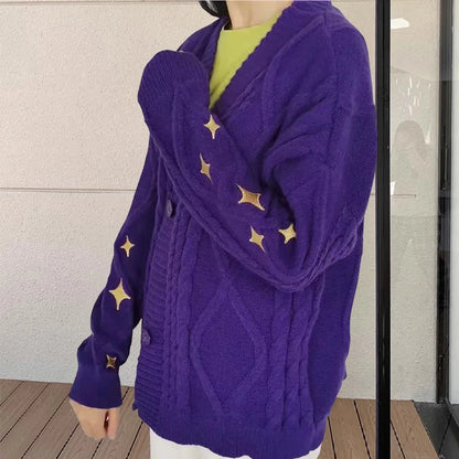 Women Winter Loose Knitted Cardigans Coat Star Embroidery Y2K Sweaters Streetwear Vintage Casual Single Breasted Long Sleeve Top