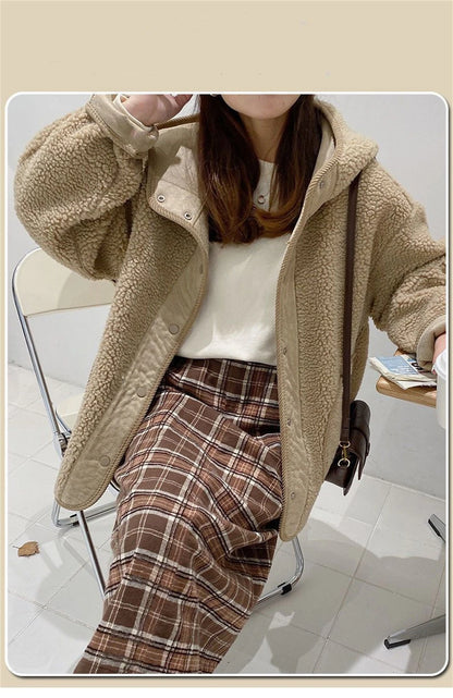 Women Lamb Wool Thick Hooded Coat Korean Loose Warm Plush Jacket Autumn Winter Casual Fashion Streetwear Ladies Sweet Outerwear