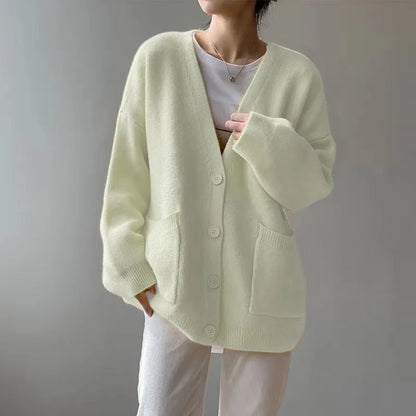 Rimcoy 2024 Chic Yellow Sweater Cardigan Women Lazy Wind Single-Breasted Knitted Cardigan Women Solid V Neck Cardigans Female