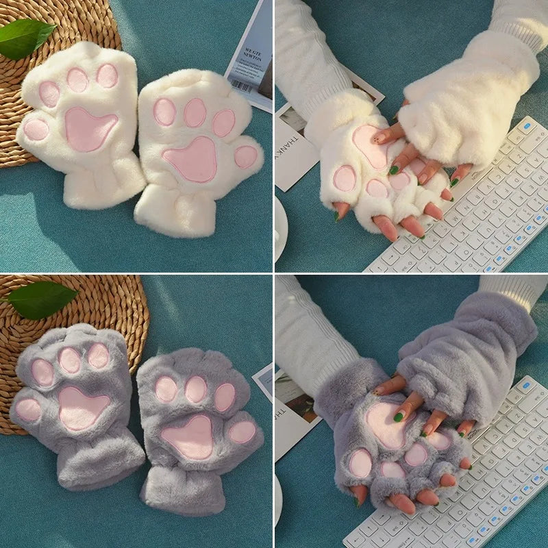 Gants en Peluche à Griffes de Chat – Mitaines Sans Doigts Douces et Chaudes, Gants de Costume Ours Fluffy