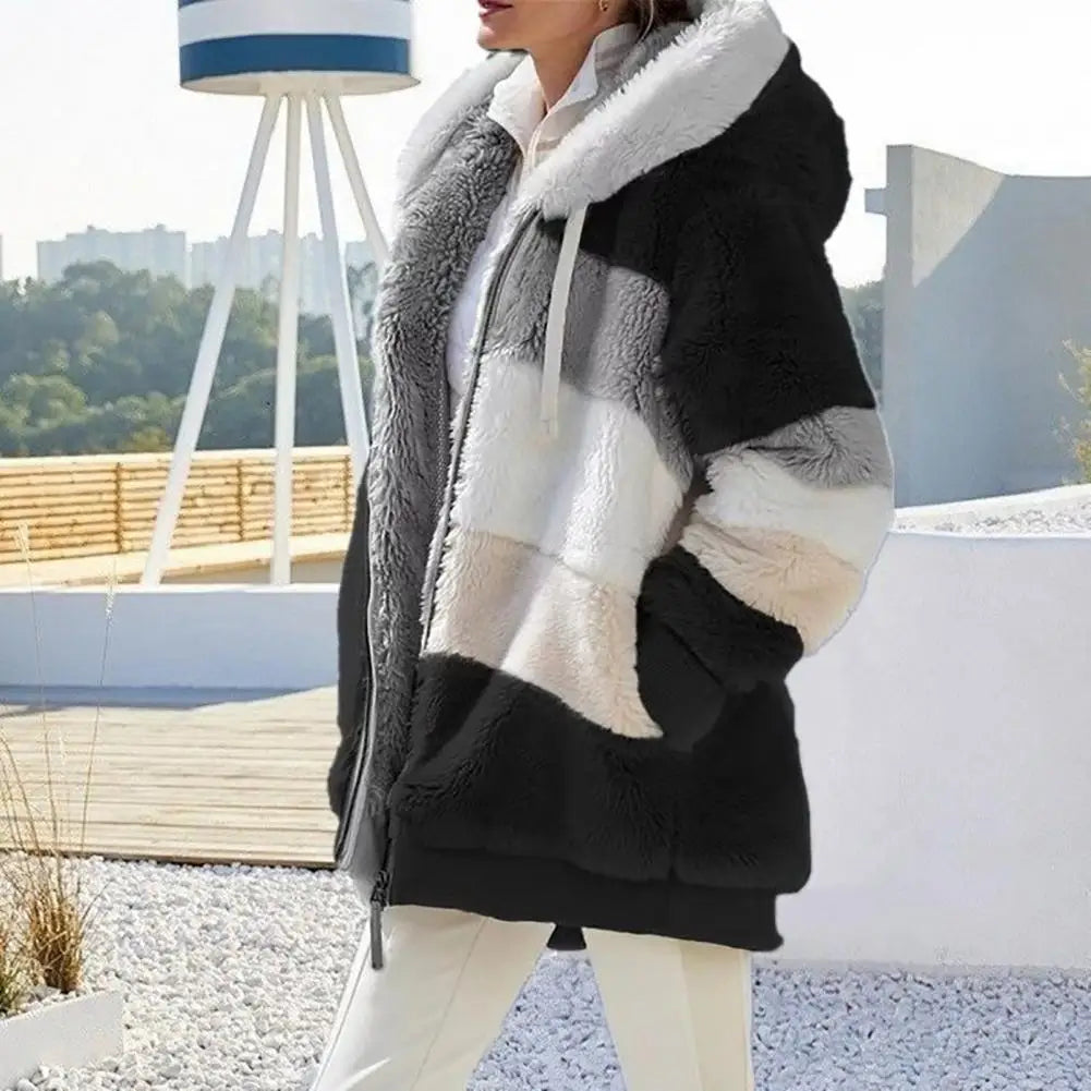 Trendy Lady Autumn Jacket Fluffy Winter Coat Loose Plush Plus Size Lady Jacket  Hooded