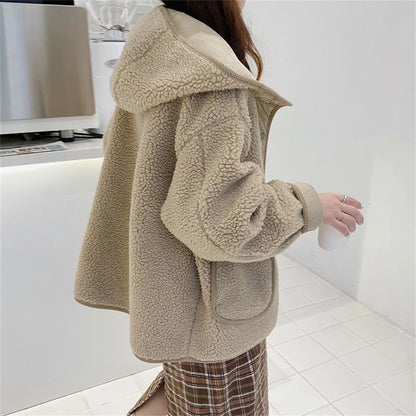 Women Lamb Wool Thick Hooded Coat Korean Loose Warm Plush Jacket Autumn Winter Casual Fashion Streetwear Ladies Sweet Outerwear