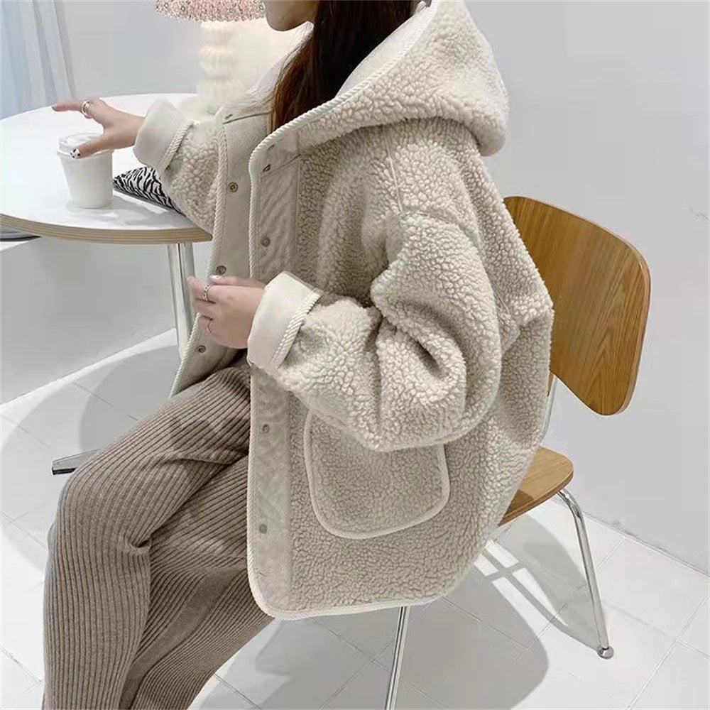 Women Lamb Wool Thick Hooded Coat Korean Loose Warm Plush Jacket Autumn Winter Casual Fashion Streetwear Ladies Sweet Outerwear