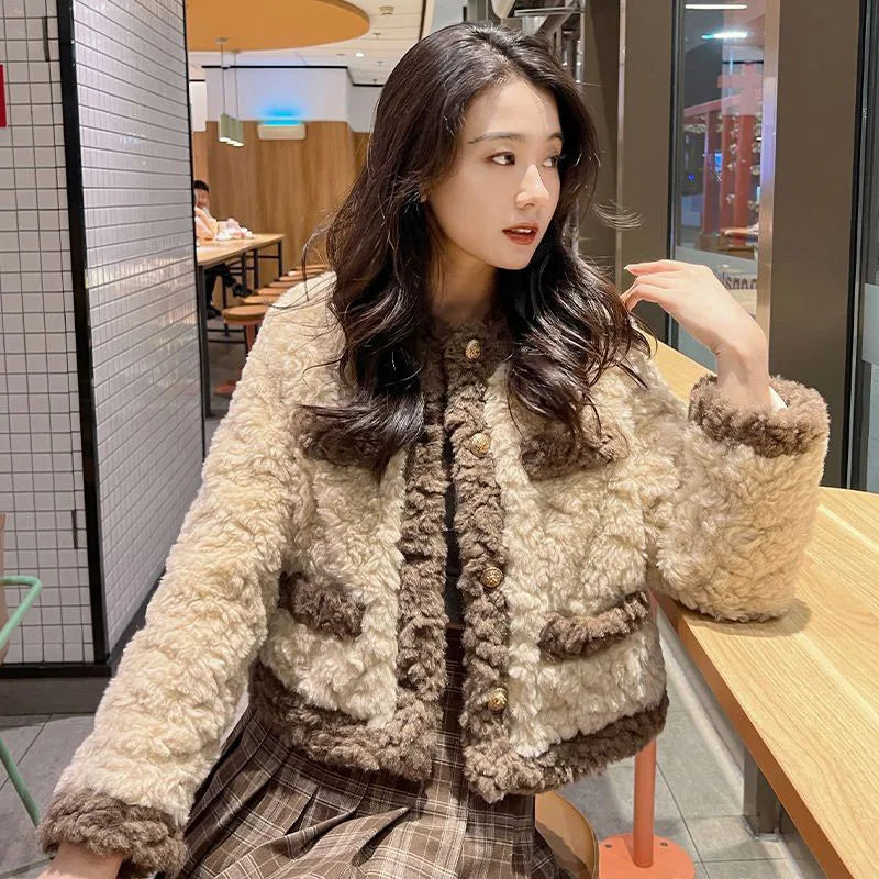 Xpqbb Lamb Wool Jackets for Women 2024 Autumn Winter Keep Warm Plush Short Outwear Ladies Elegant Contrast Loose Cotton Fur Coat